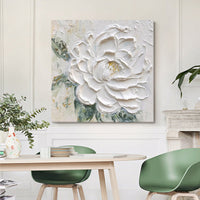 HKM-623635 Cream Wind White Peony Thick Textured Hand-Drawn Oil Painting – Frameless or Framed Options Available