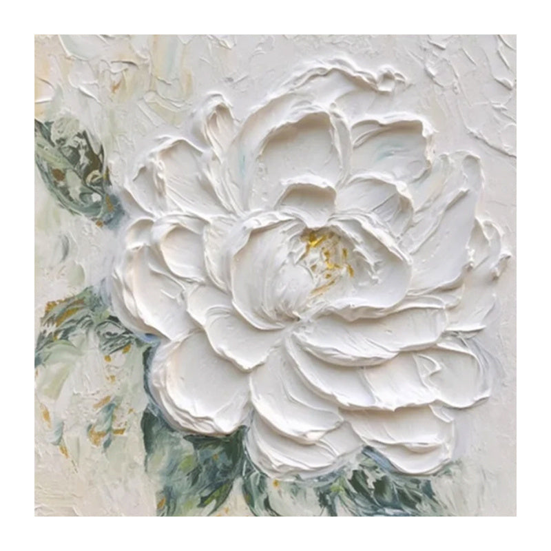 HKM-623635 Cream Wind White Peony Thick Textured Hand-Drawn Oil Painting – Frameless or Framed Options Available