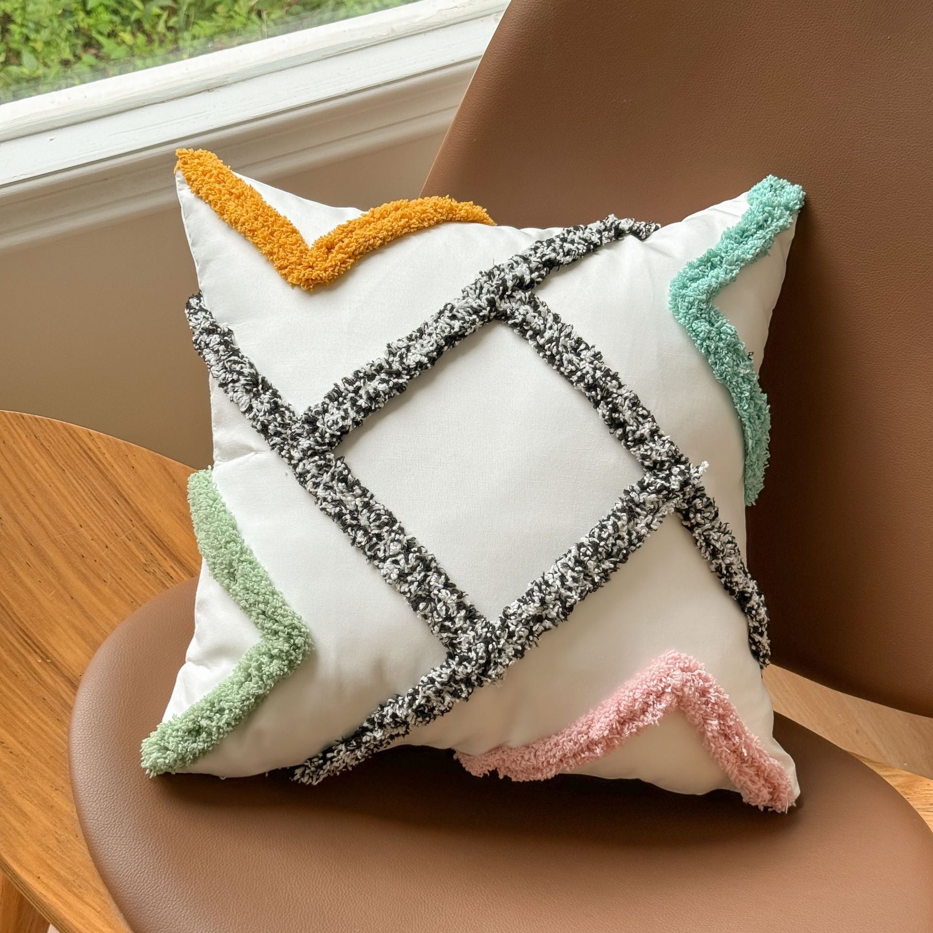 HKM-624659 Bohemian Striped Tufted Pillow Cover in Khaki, Blue, Pink, Gray, and Beige - 45x45cm