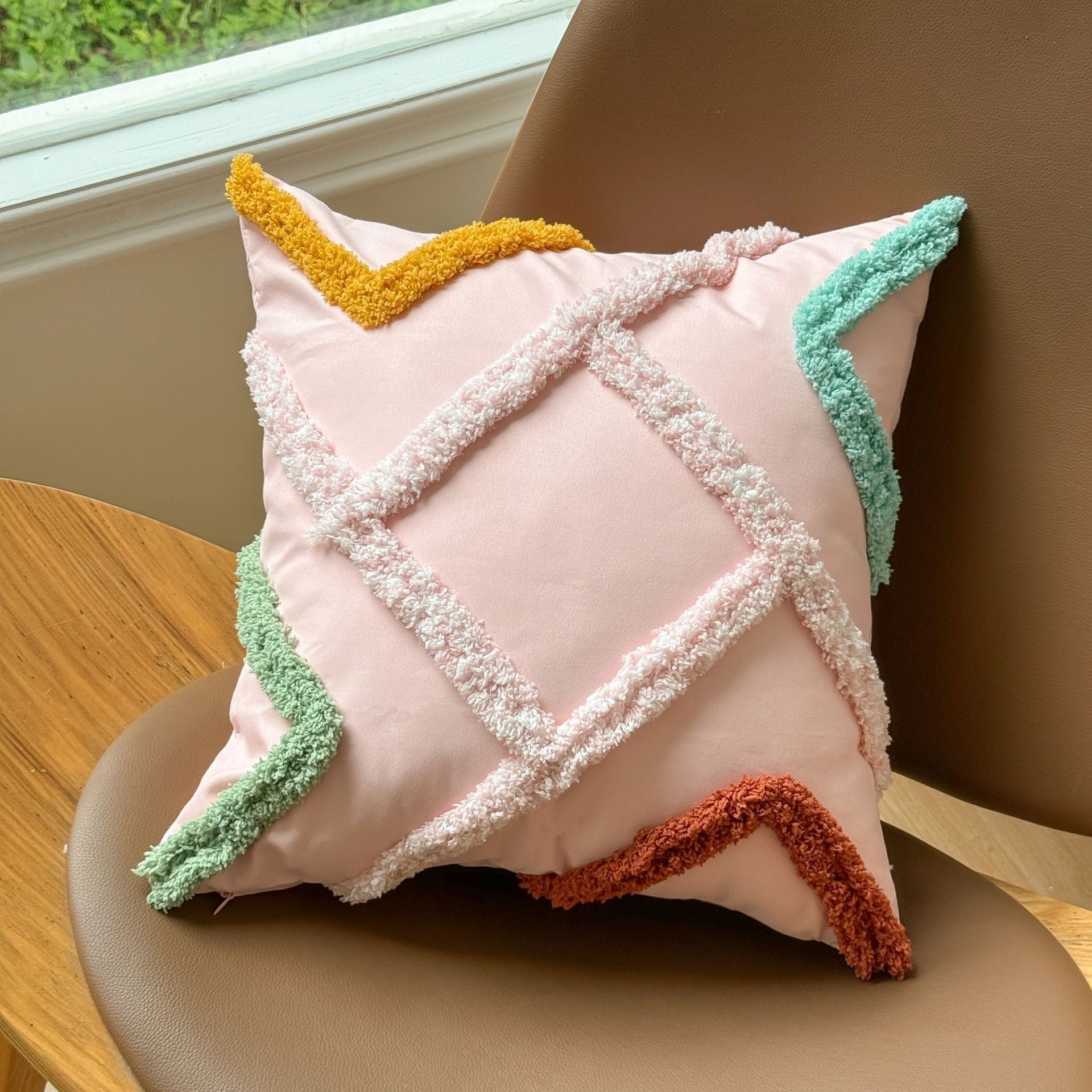 HKM-624659 Bohemian Striped Tufted Pillow Cover in Khaki, Blue, Pink, Gray, and Beige - 45x45cm