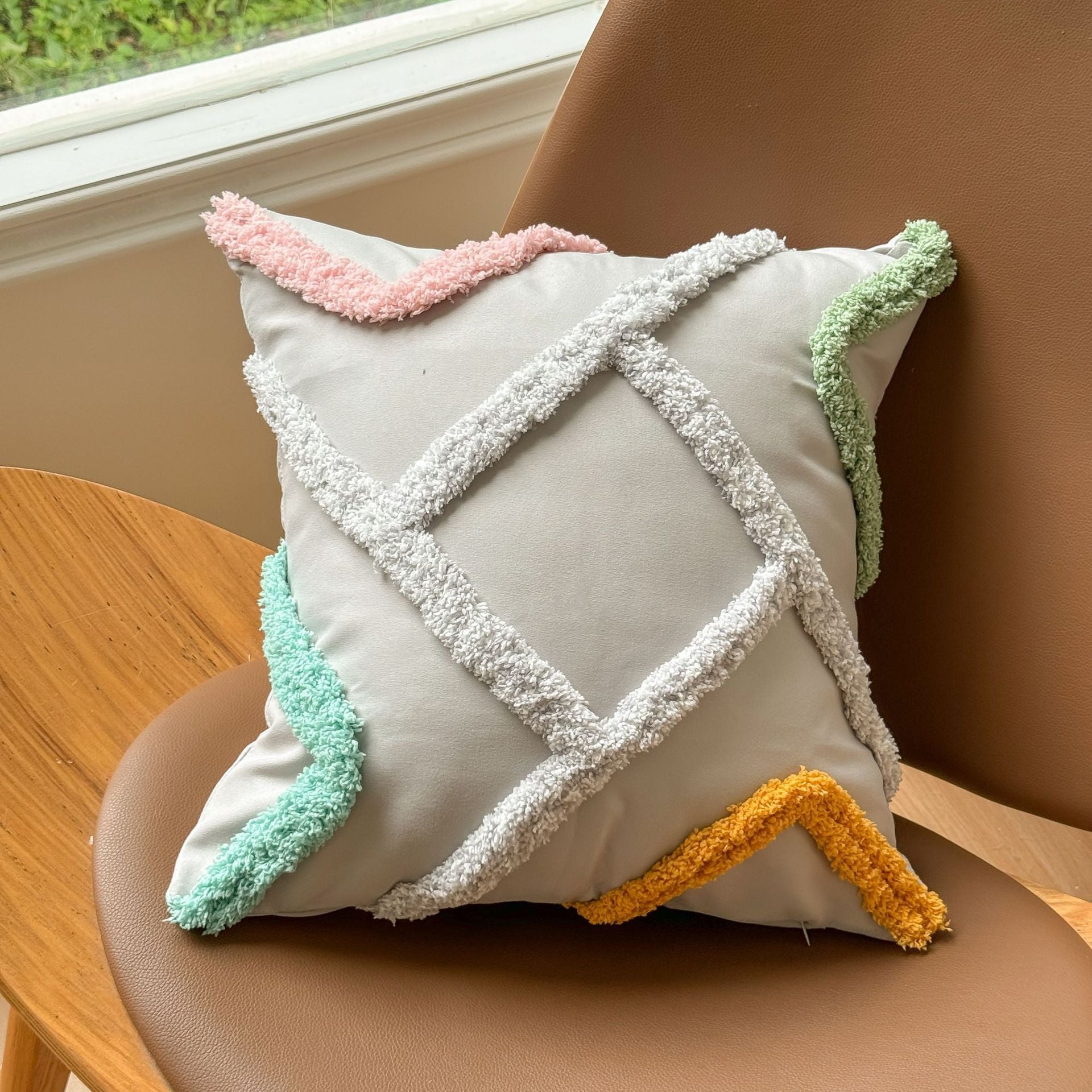 HKM-624659 Bohemian Striped Tufted Pillow Cover in Khaki, Blue, Pink, Gray, and Beige - 45x45cm