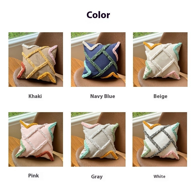 HKM-624659 Bohemian Striped Tufted Pillow Cover in Khaki, Blue, Pink, Gray, and Beige - 45x45cm