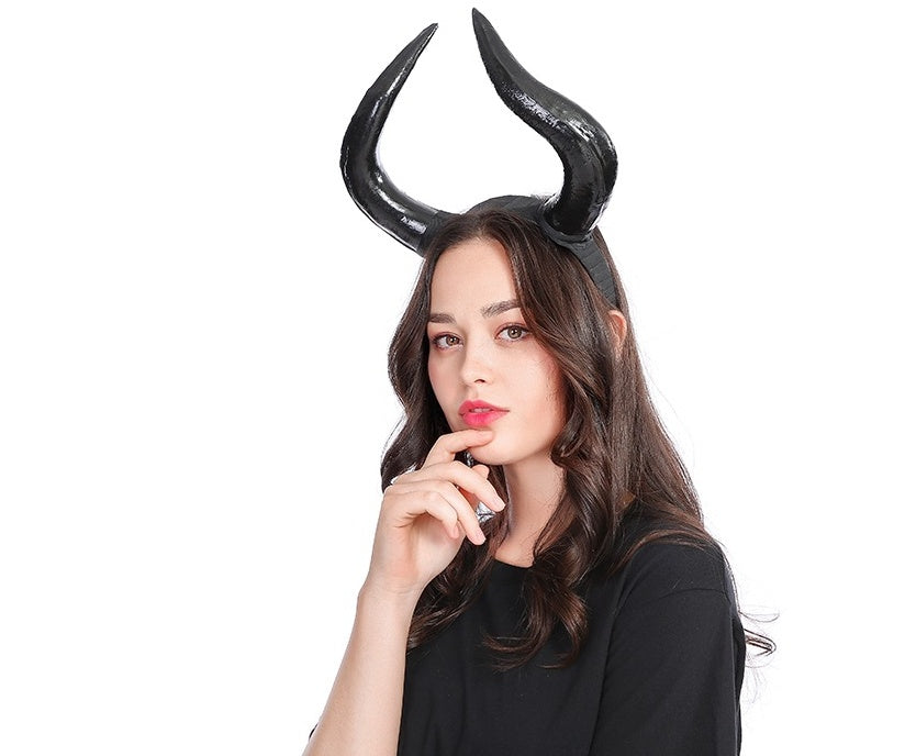 HKM-624979 Black Horn Headband for Halloween and Easter Costumes, Lightweight Polyethylene, 16.5cm High, 20cm Wide