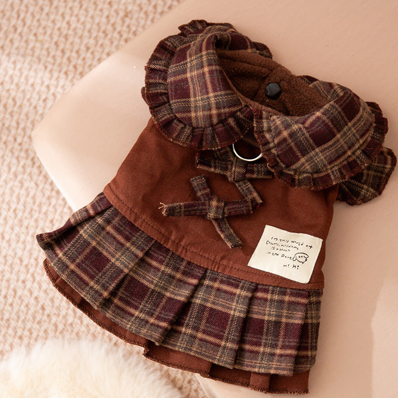 HKM-625171 Warm Check Patterned Skirt for Small to Medium Dogs and Cats with Ruffled Design
