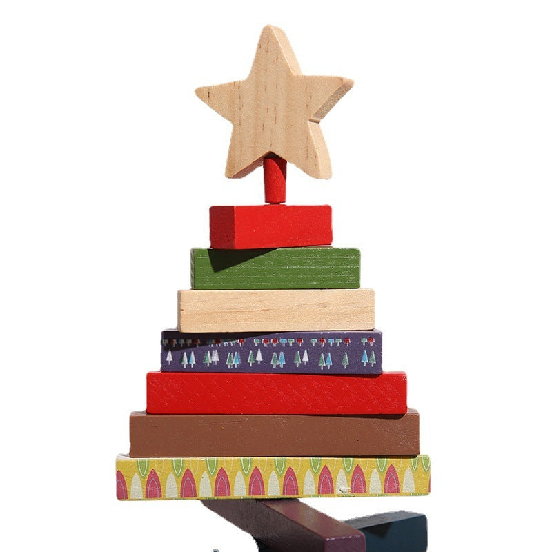 HKM-625299 Rotating Wooden Christmas Tree Building Blocks Ornament for Holiday Decoration