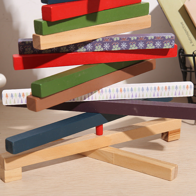 HKM-625299 Rotating Wooden Christmas Tree Building Blocks Ornament for Holiday Decoration