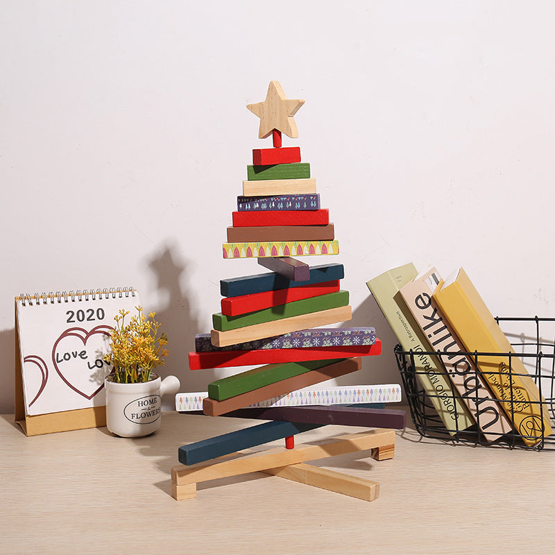 HKM-625299 Rotating Wooden Christmas Tree Building Blocks Ornament for Holiday Decoration