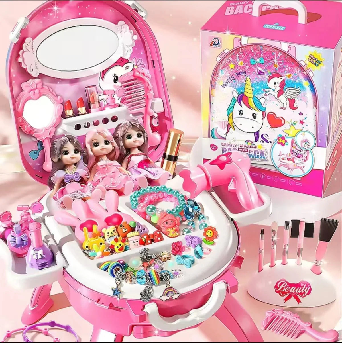 HKM-625491 Princess Makeup Table Play Set for Kids Age 3-6, Pink Simulation Dressing Table Toy