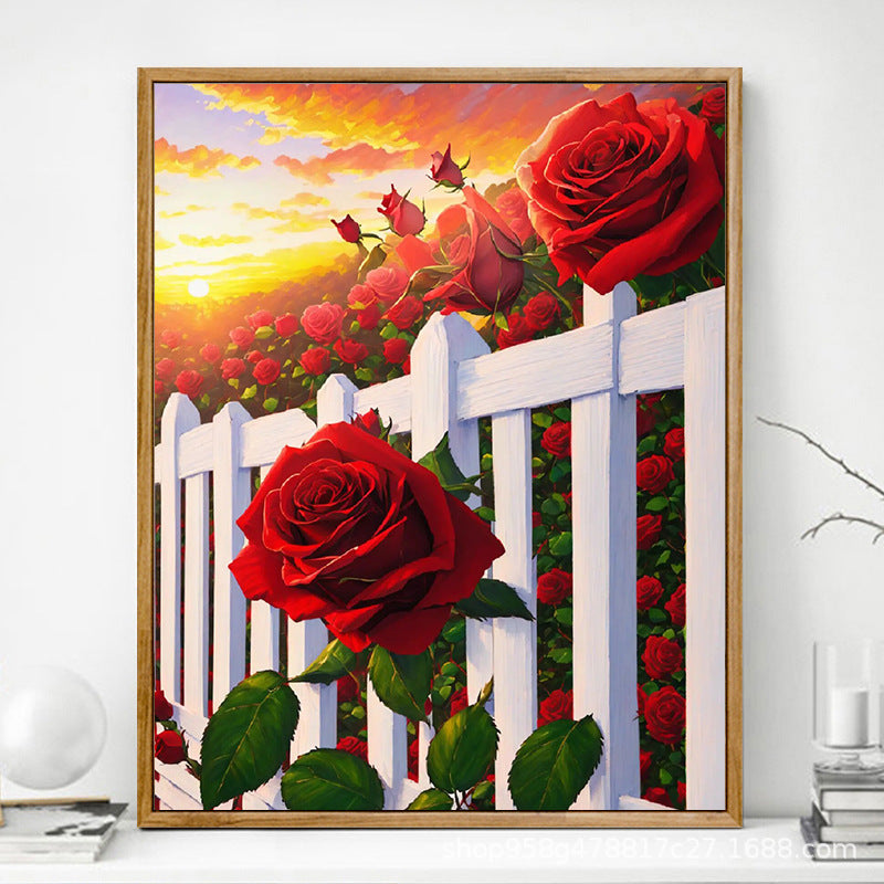 HKM-625619 Advanced Digital Oil Painting Kit - Rose Design, Frameless Canvas with Brush