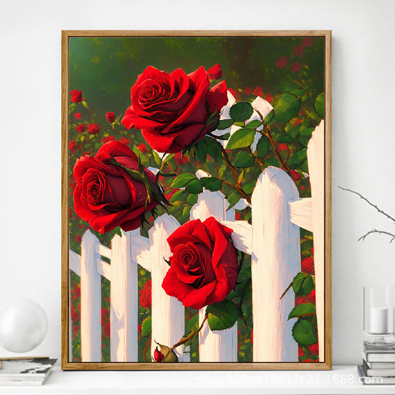 HKM-625619 Advanced Digital Oil Painting Kit - Rose Design, Frameless Canvas with Brush