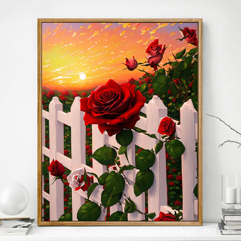 HKM-625619 Advanced Digital Oil Painting Kit - Rose Design, Frameless Canvas with Brush