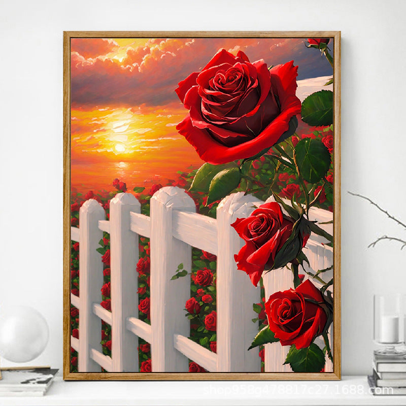 HKM-625619 Advanced Digital Oil Painting Kit - Rose Design, Frameless Canvas with Brush