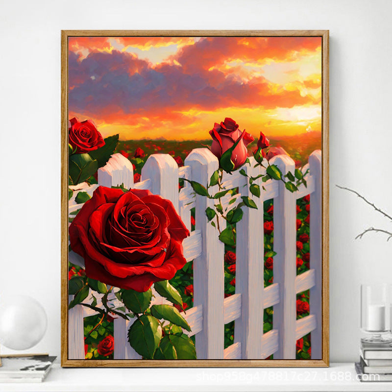 HKM-625619 Advanced Digital Oil Painting Kit - Rose Design, Frameless Canvas with Brush