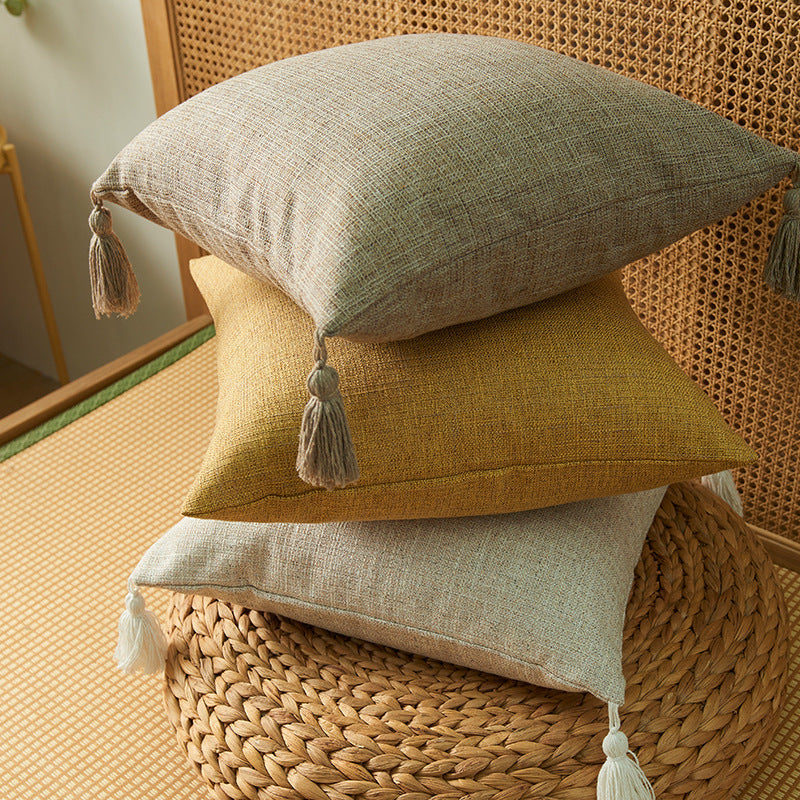 HKM-626131 Solid Color Cotton Linen Fringe Pillow with Various Color and Filling Options