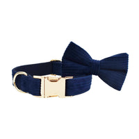 HKM-627987 Navy Blue Corduroy Five-Piece Pet Set with Collar, Leash, Bow, Vest, and Poop Bag
