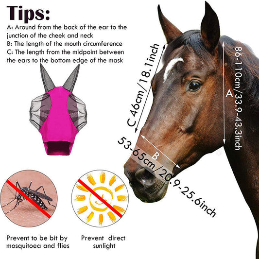 HKM-628499 Comfort Fit Lycra Horse Fly Mask with Ears - UV Protection for Trail and Pasture - Various Sizes and Colors Available