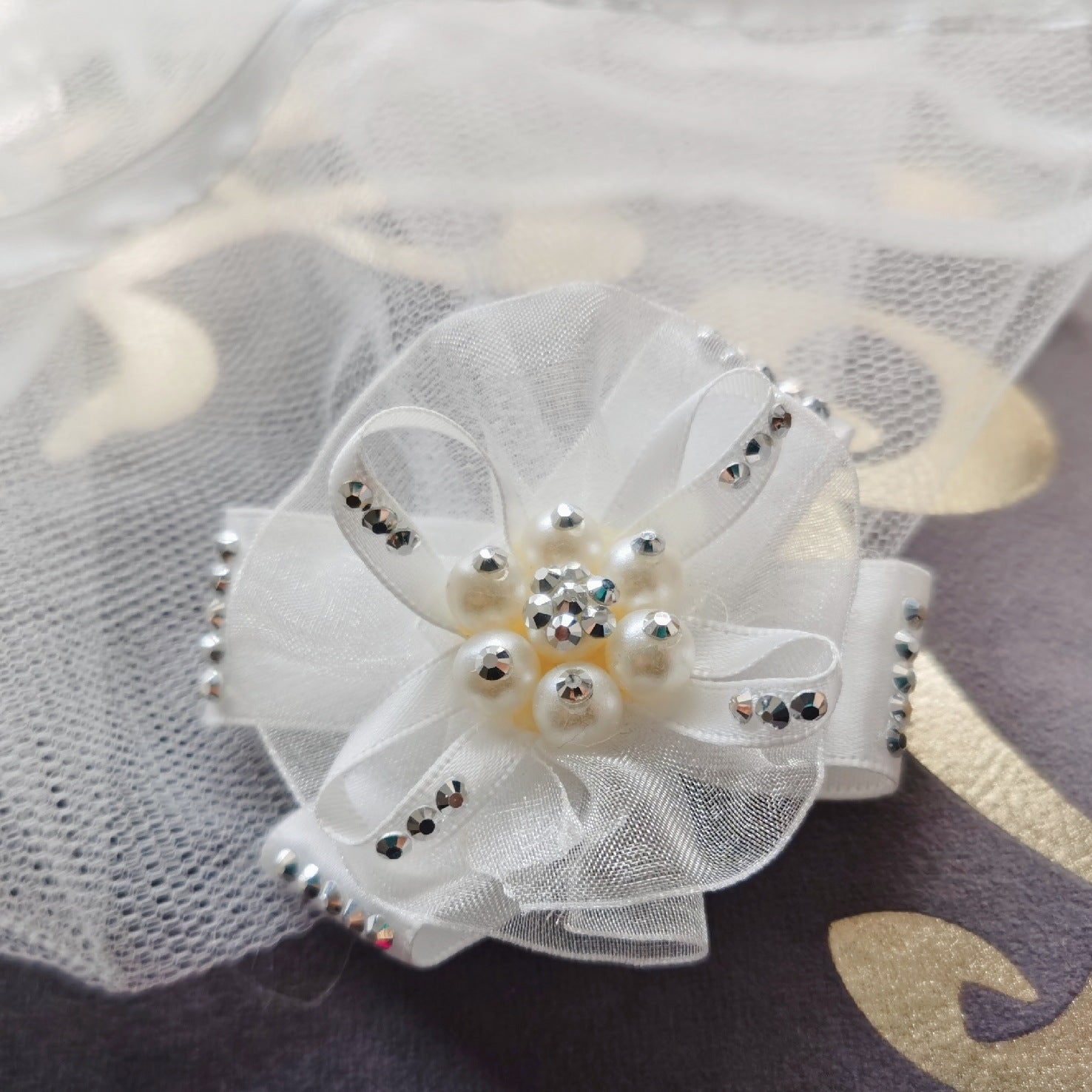 HKM-628819 Princess-Inspired Pet Bow Hairpin with Lace Veil in Pink and White