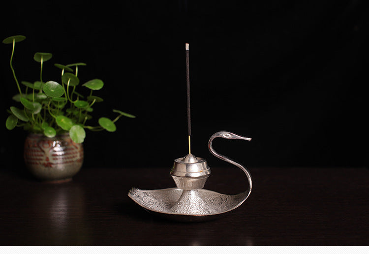 HKM-629075 Handcrafted Silver Swan Copper Incense Holder and Aroma Diffuser