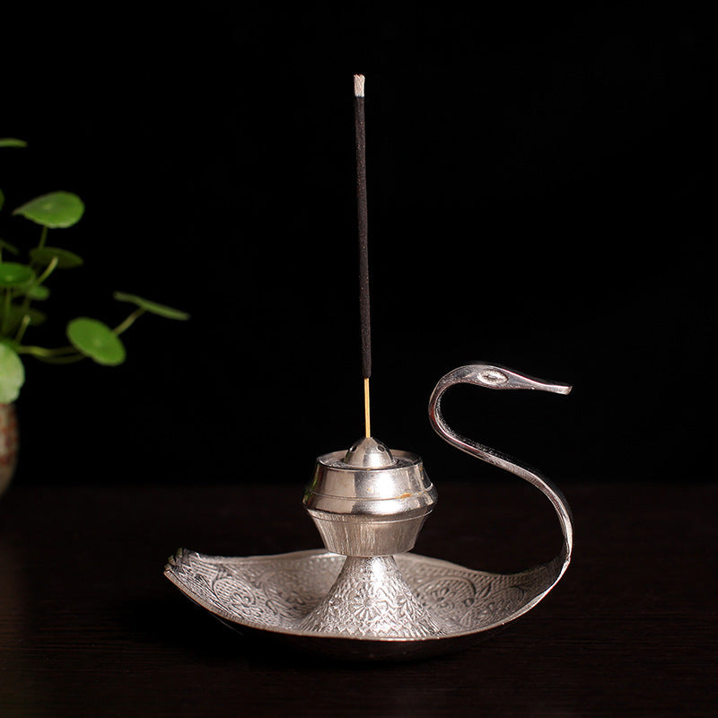 HKM-629075 Handcrafted Silver Swan Copper Incense Holder and Aroma Diffuser