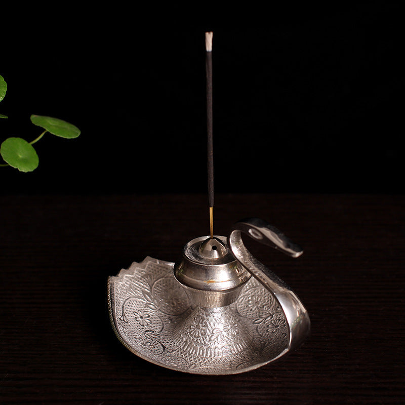 HKM-629075 Handcrafted Silver Swan Copper Incense Holder and Aroma Diffuser