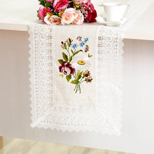 HKM-629203 European Style Lace Embroidered Tablecloth and Cushion Set, Light Gray Hemp Polyester