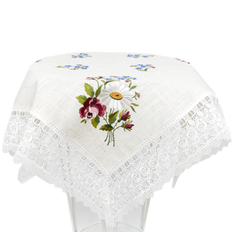 HKM-629203 European Style Lace Embroidered Tablecloth and Cushion Set, Light Gray Hemp Polyester