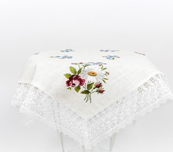 HKM-629203 European Style Lace Embroidered Tablecloth and Cushion Set, Light Gray Hemp Polyester