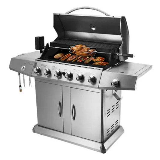 KTX-629651 6-Burner Gas BBQ Grill with Side Burner, Stainless Steel, Cast Iron Grates, and Wheels