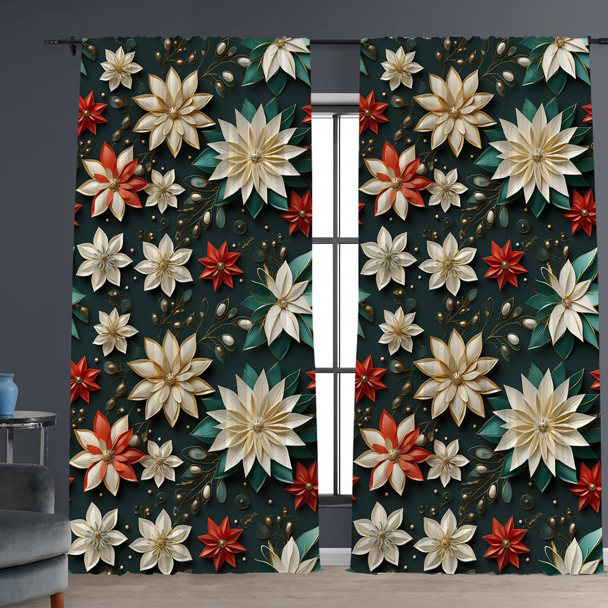HKM-629843 Christmas 3D Printed Floral Curtains - Set of 2, Various Sizes and High Shading 71%-90%