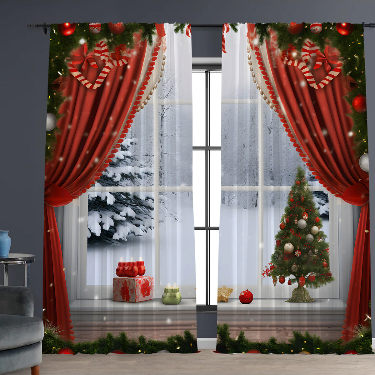 HKM-629843 Christmas 3D Printed Floral Curtains - Set of 2, Various Sizes and High Shading 71%-90%