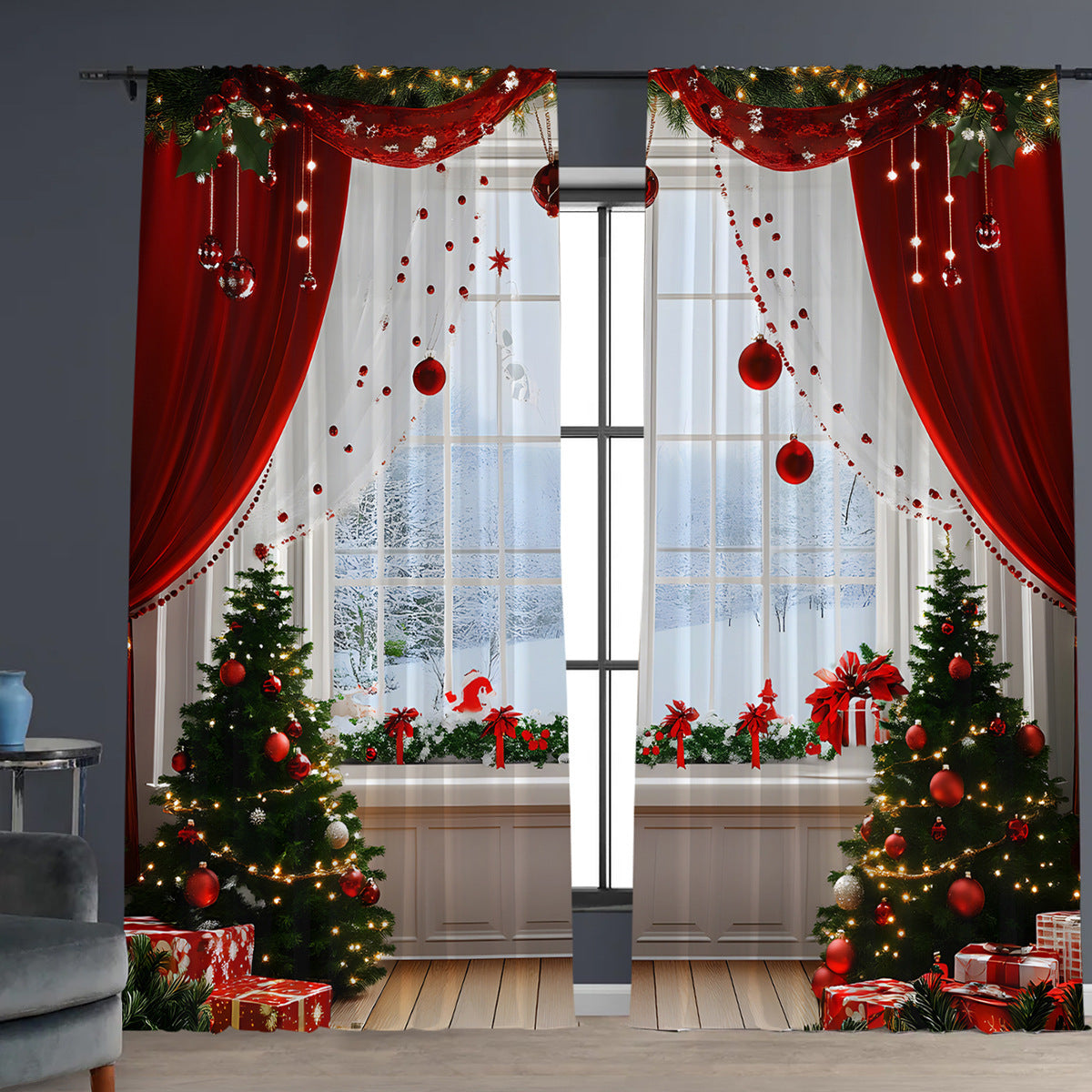 HKM-629843 Christmas 3D Printed Floral Curtains - Set of 2, Various Sizes and High Shading 71%-90%