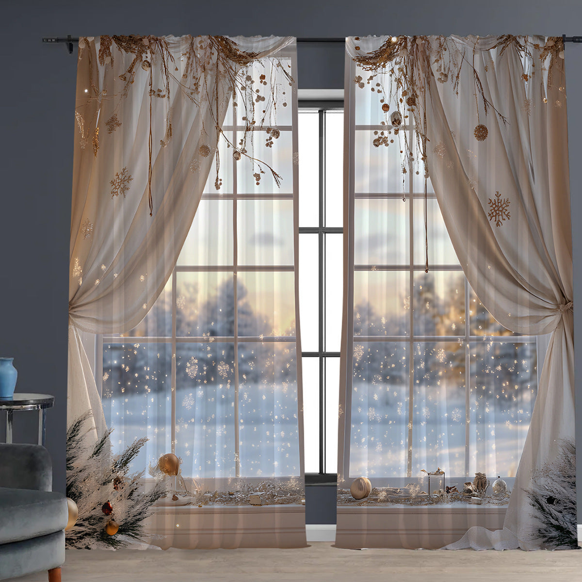HKM-629843 Christmas 3D Printed Floral Curtains - Set of 2, Various Sizes and High Shading 71%-90%
