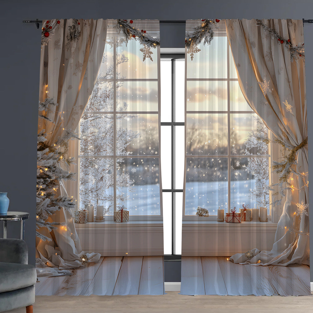 HKM-629843 Christmas 3D Printed Floral Curtains - Set of 2, Various Sizes and High Shading 71%-90%