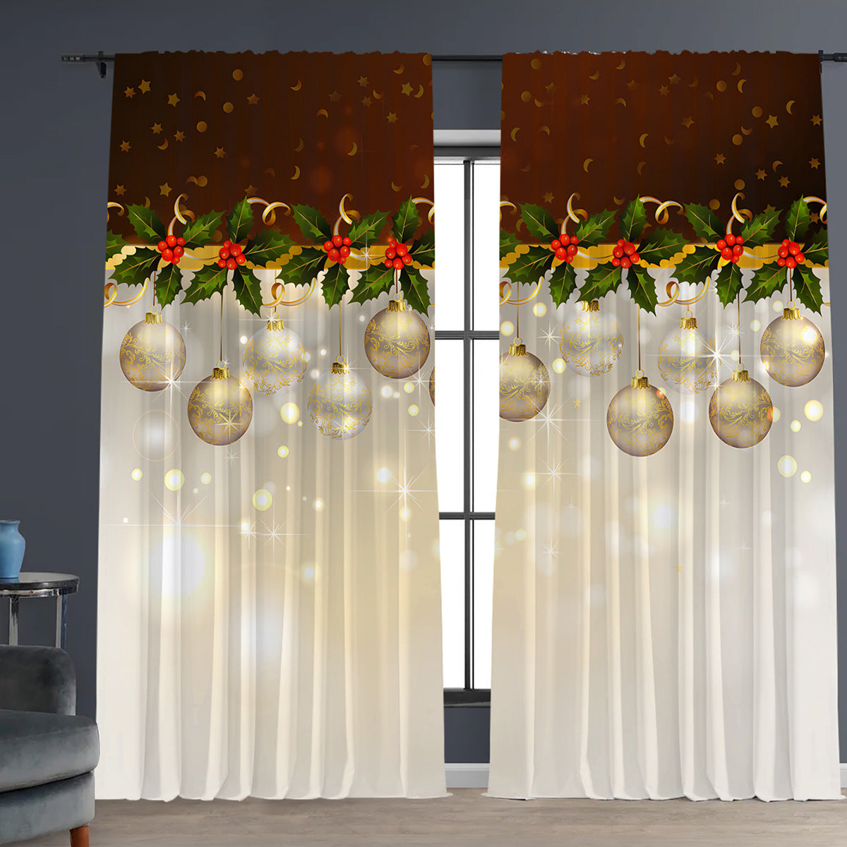 HKM-629843 Christmas 3D Printed Floral Curtains - Set of 2, Various Sizes and High Shading 71%-90%