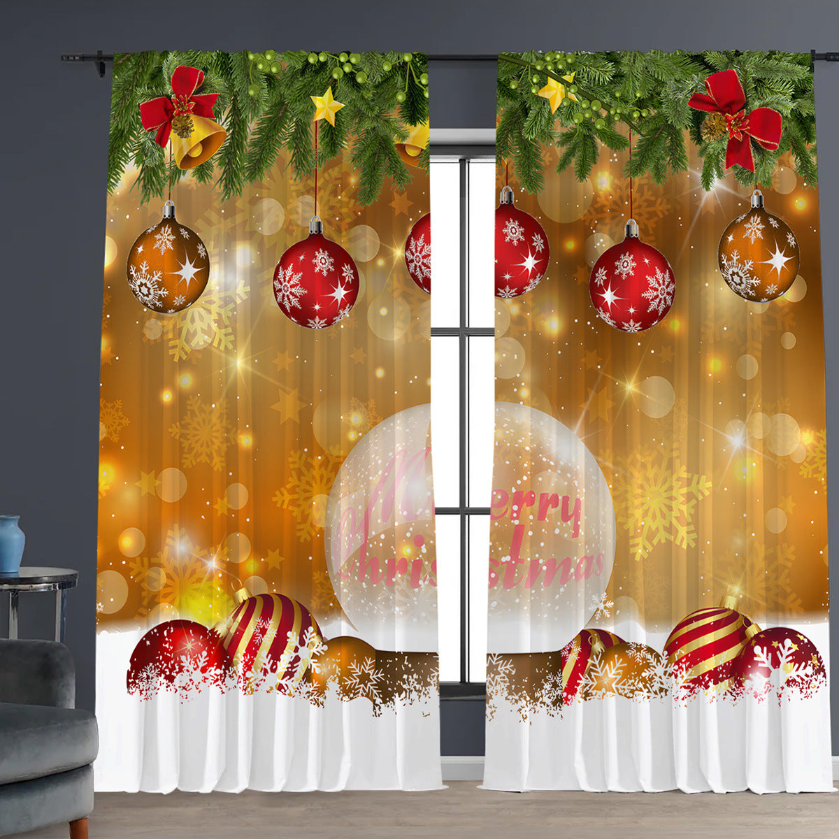 HKM-629843 Christmas 3D Printed Floral Curtains - Set of 2, Various Sizes and High Shading 71%-90%