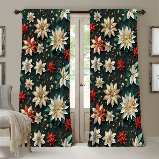 HKM-629843 Christmas 3D Printed Floral Curtains - Set of 2, Various Sizes and High Shading 71%-90%