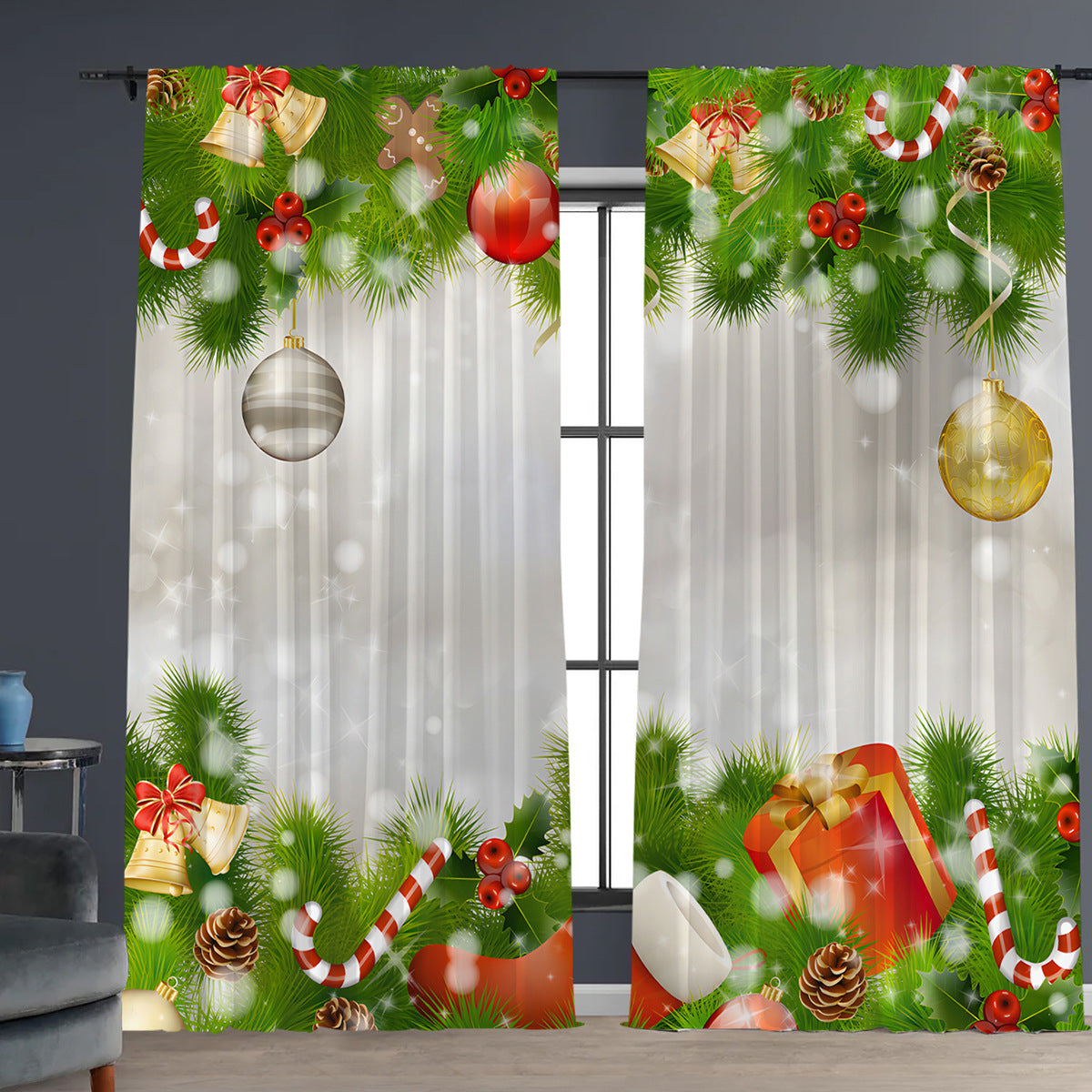 HKM-629843 Christmas 3D Printed Floral Curtains - Set of 2, Various Sizes and High Shading 71%-90%
