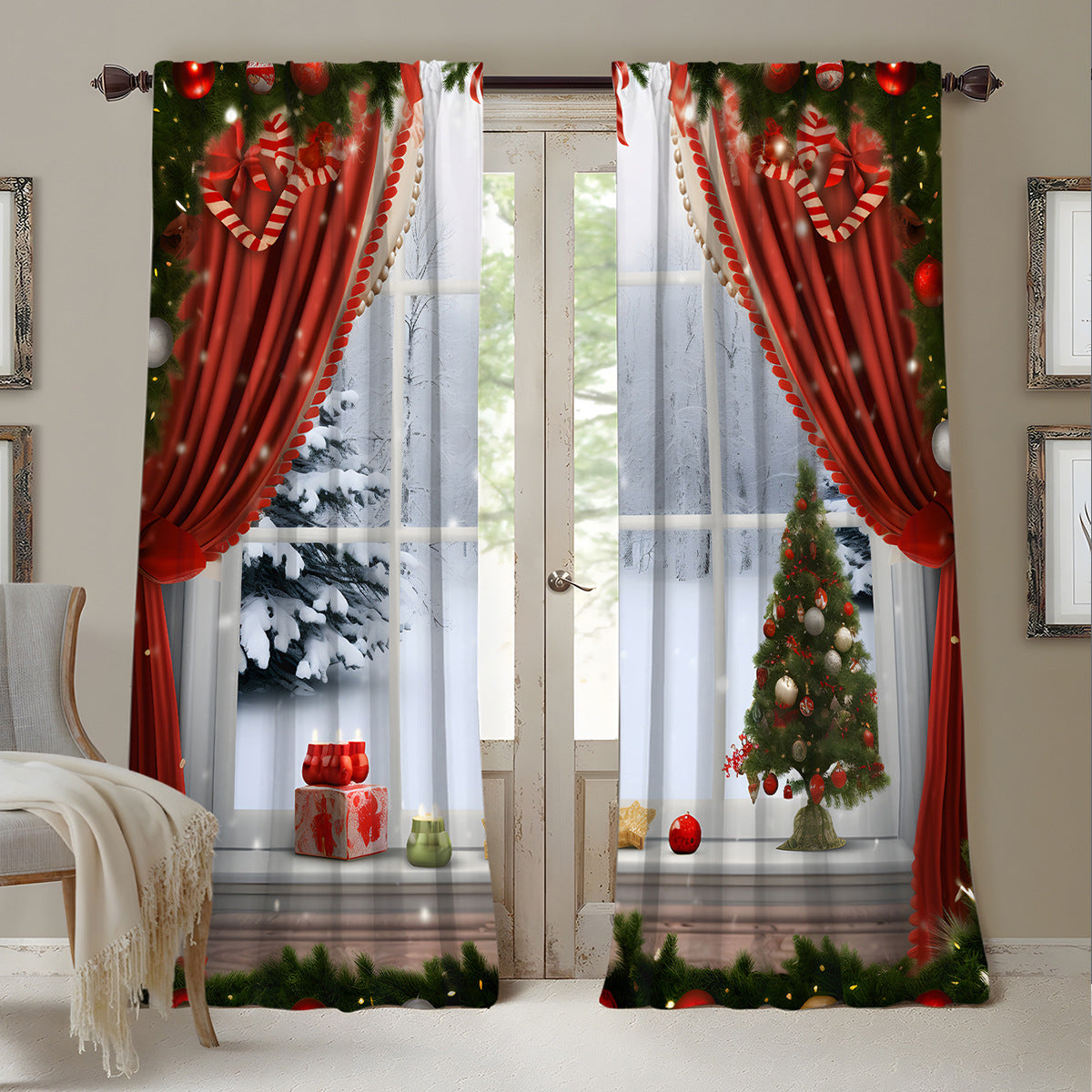 HKM-629843 Christmas 3D Printed Floral Curtains - Set of 2, Various Sizes and High Shading 71%-90%