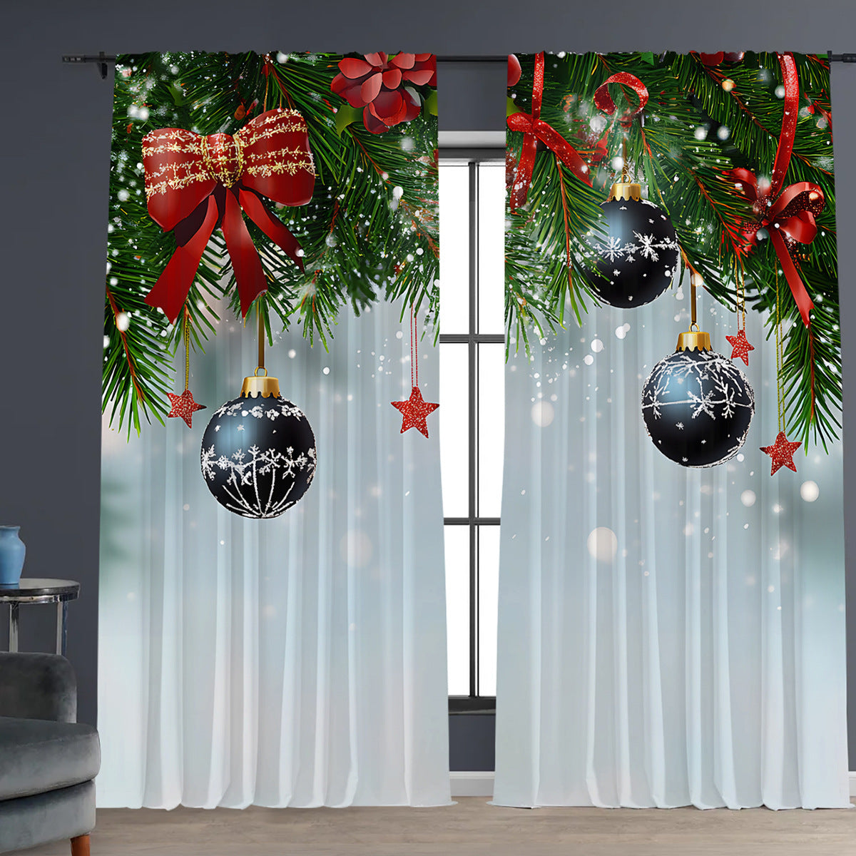 HKM-629843 Christmas 3D Printed Floral Curtains - Set of 2, Various Sizes and High Shading 71%-90%