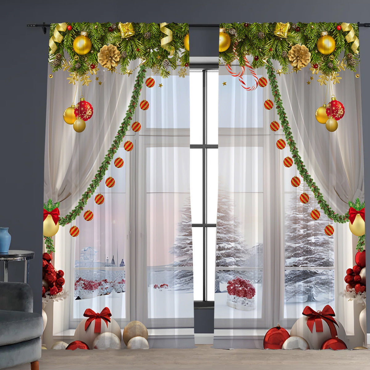 HKM-629843 Christmas 3D Printed Floral Curtains - Set of 2, Various Sizes and High Shading 71%-90%