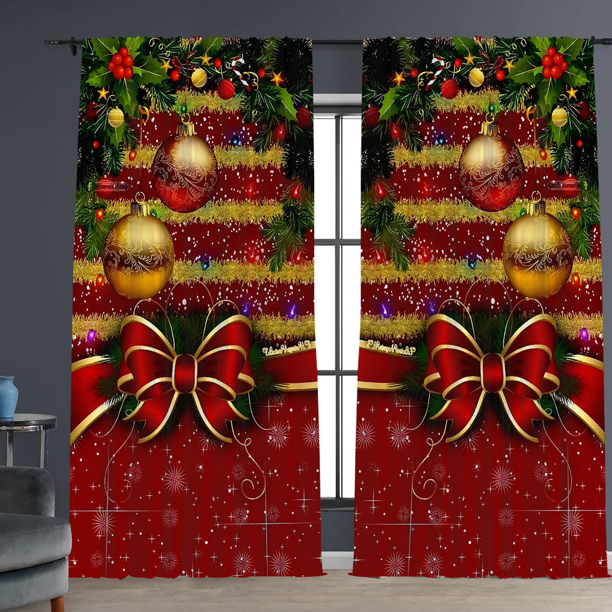 HKM-629843 Christmas 3D Printed Floral Curtains - Set of 2, Various Sizes and High Shading 71%-90%