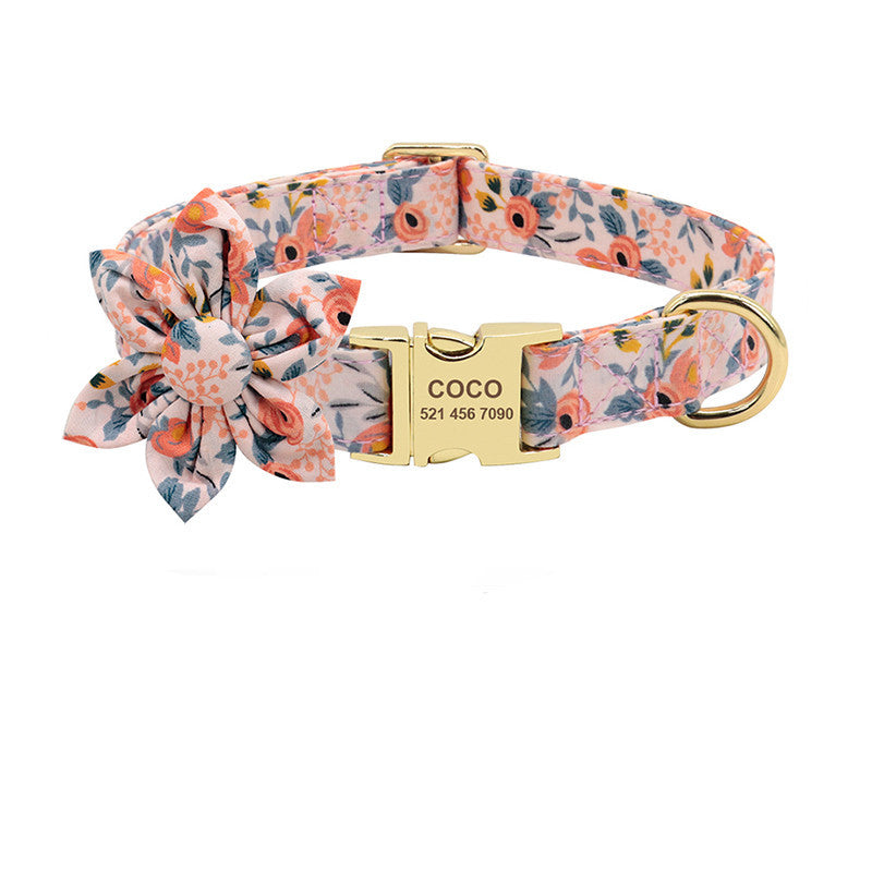 HKM-629971 Personalized Nylon Dog Collar with Removable Flower Design and Engraved ID Tag - Available in Small, Medium, Large