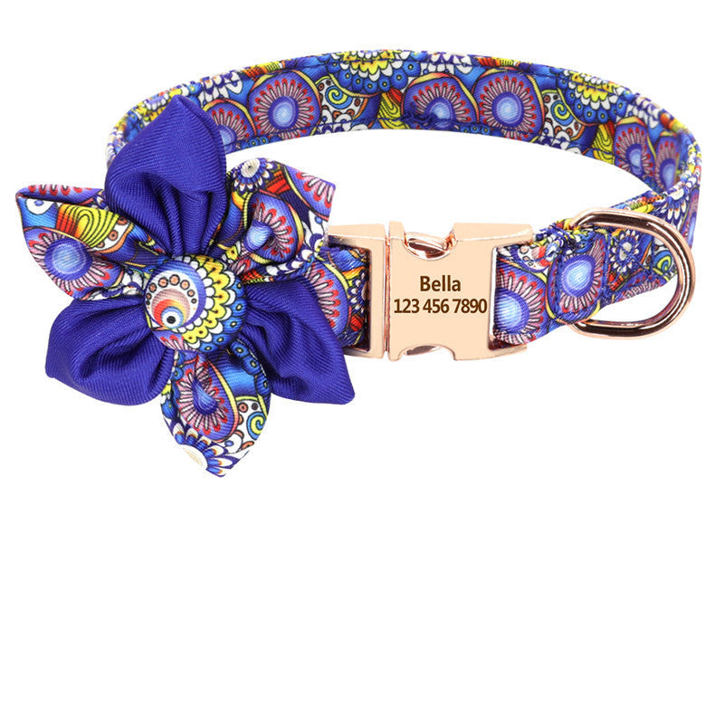 HKM-629971 Personalized Nylon Dog Collar with Removable Flower Design and Engraved ID Tag - Available in Small, Medium, Large