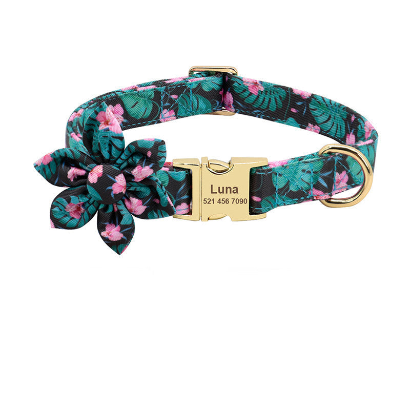 HKM-629971 Personalized Nylon Dog Collar with Removable Flower Design and Engraved ID Tag - Available in Small, Medium, Large