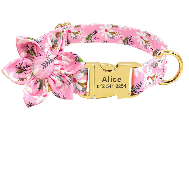 HKM-629971 Personalized Nylon Dog Collar with Removable Flower Design and Engraved ID Tag - Available in Small, Medium, Large