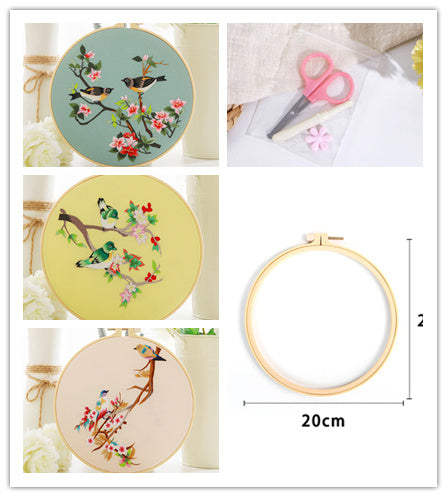 HKM-630291 Chinese Style Flower and Bird DIY Hand Embroidery Kit with Cotton Material and Bamboo Stretcher