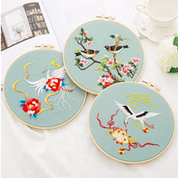 HKM-630291 Chinese Style Flower and Bird DIY Hand Embroidery Kit with Cotton Material and Bamboo Stretcher