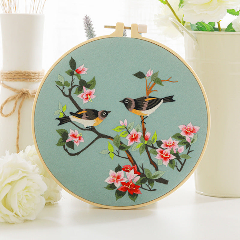 HKM-630291 Chinese Style Flower and Bird DIY Hand Embroidery Kit with Cotton Material and Bamboo Stretcher
