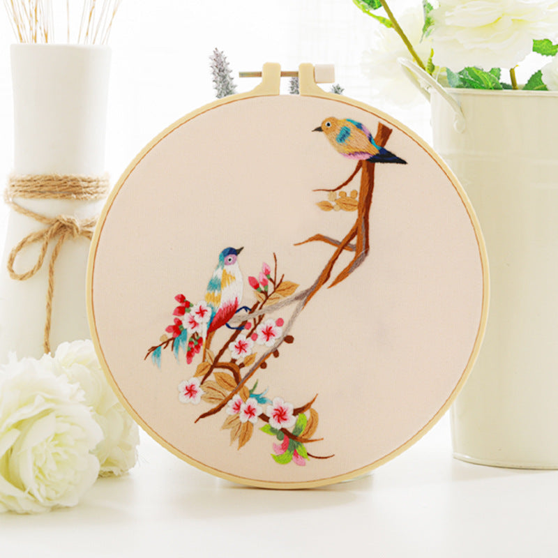 HKM-630291 Chinese Style Flower and Bird DIY Hand Embroidery Kit with Cotton Material and Bamboo Stretcher