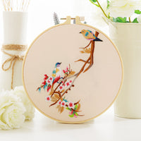 HKM-630291 Chinese Style Flower and Bird DIY Hand Embroidery Kit with Cotton Material and Bamboo Stretcher